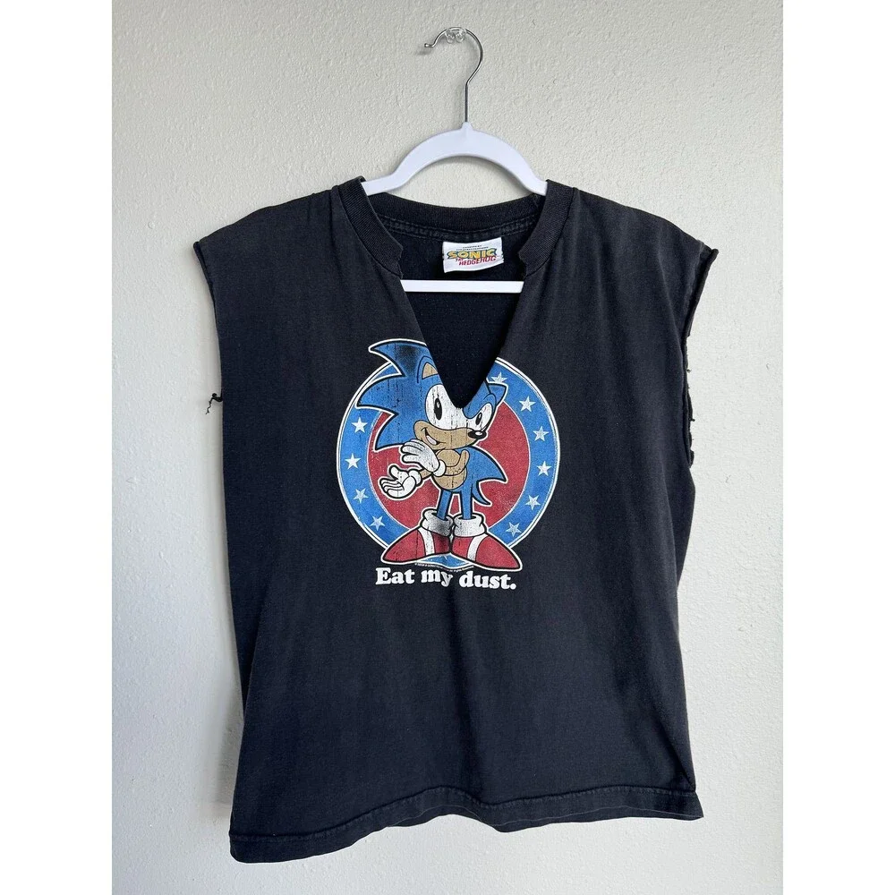 90s Sonic The Hedgehog Eat My Dust Graphic Tee Distressed Sleeveless Shirt M - Picture 1 of 7